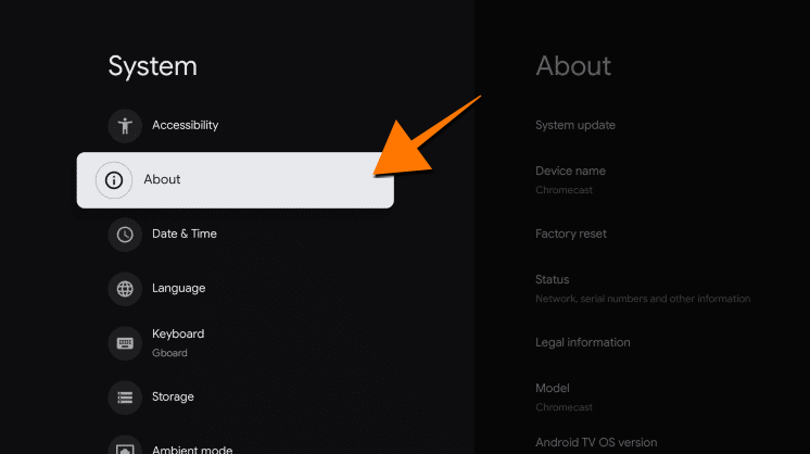 In Chromecast Settings select Information from System