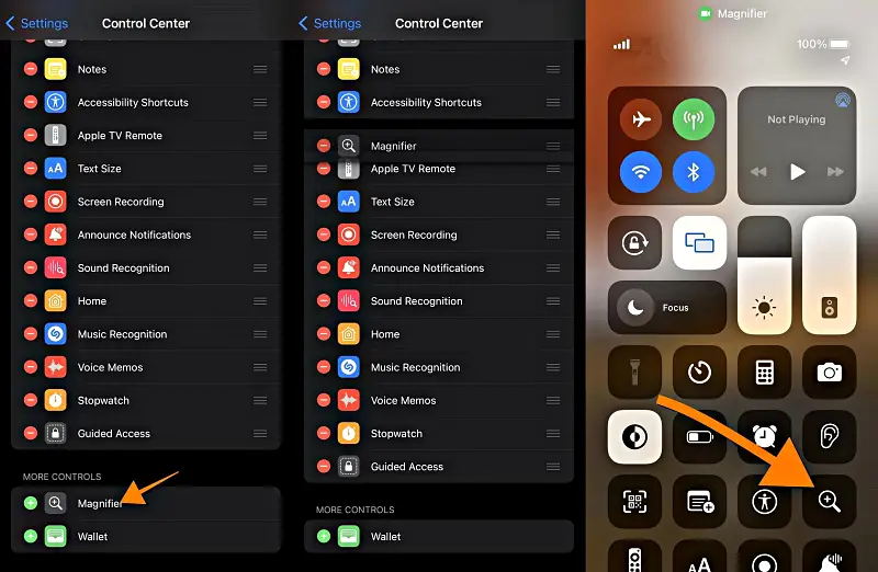 In iOS 15 in control center magnifier control enable