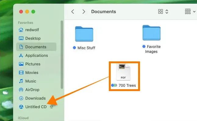 File drag from finder to untitled cd in sidebar