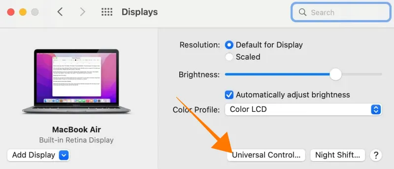 Mac Universal Controls Settings. System Preferences Settings. Display. Universal Controls Select.
