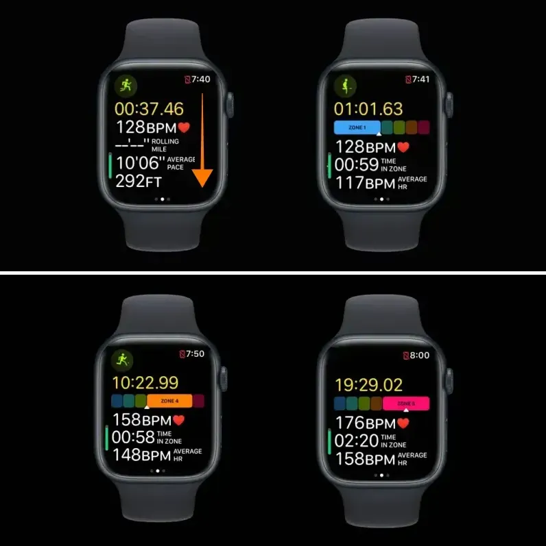 apple watch watchos9 workout matrix. home screen and heart rate