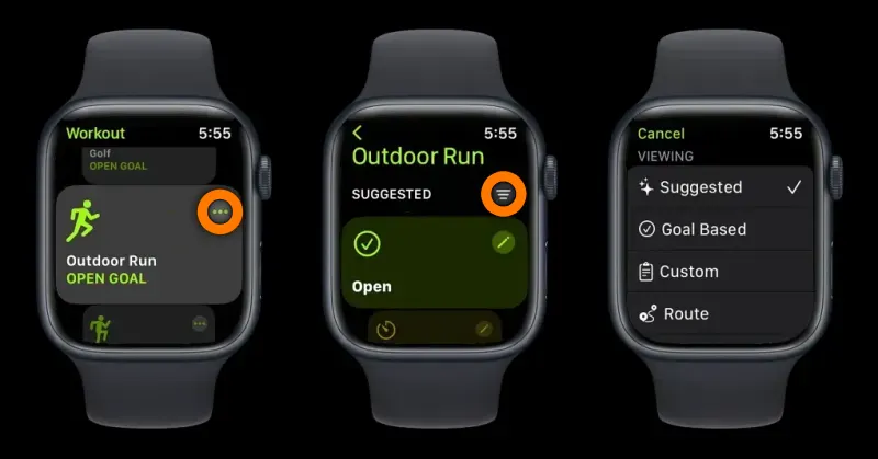 apple watch watchos9 workout matrix. running type sort