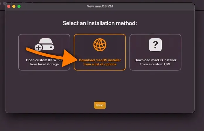 VirtualBuddy 05 Second Download macOS installer from a list of options selection