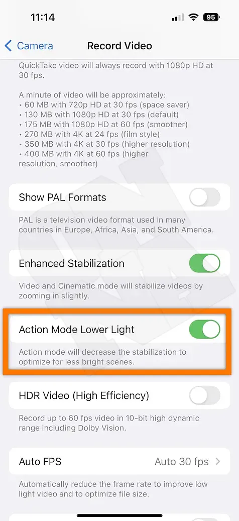 iPhone Video recording. Low light Action Mode Setting
