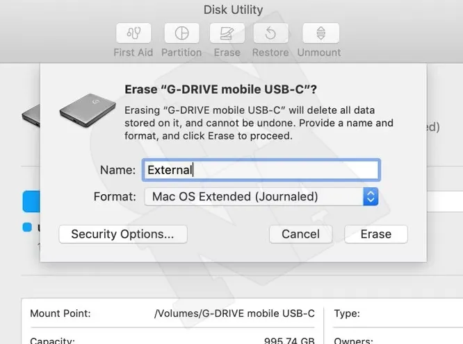 Disk Utilities External Memory Settings