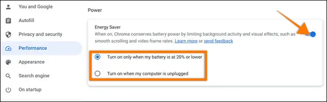 Chrome settings performance energy saving mode