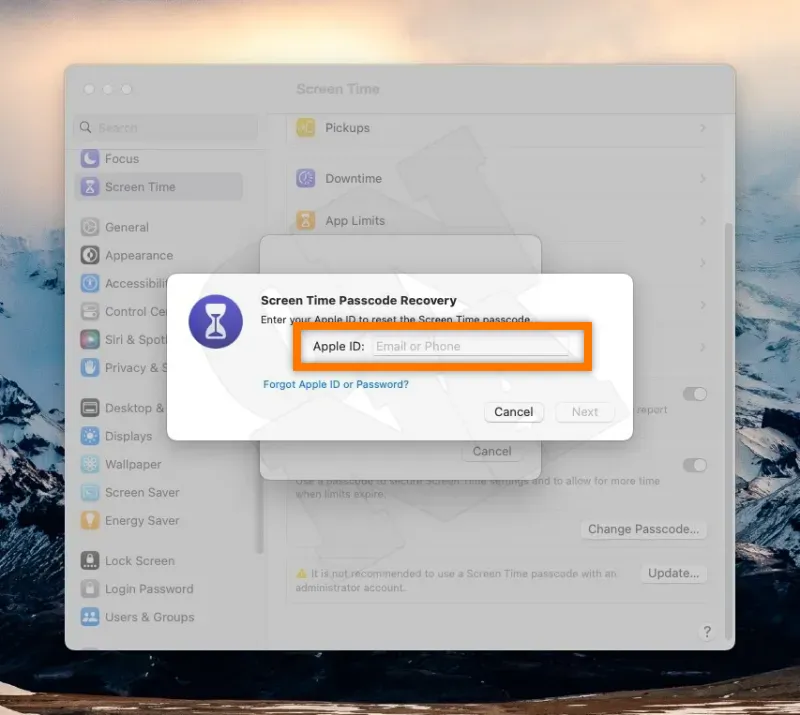 MacBook System Settings.Screen Time Password Forgotten . Apple ID Enter
