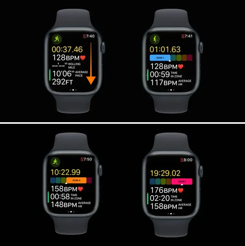 apple watch watchos9 workout matrix. home screen and heart rate