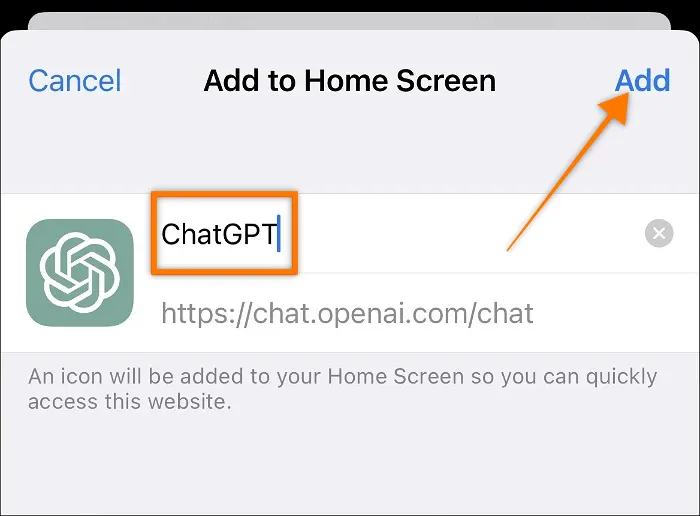 iPhone ChatGPT Share button Home screen Add Name setting