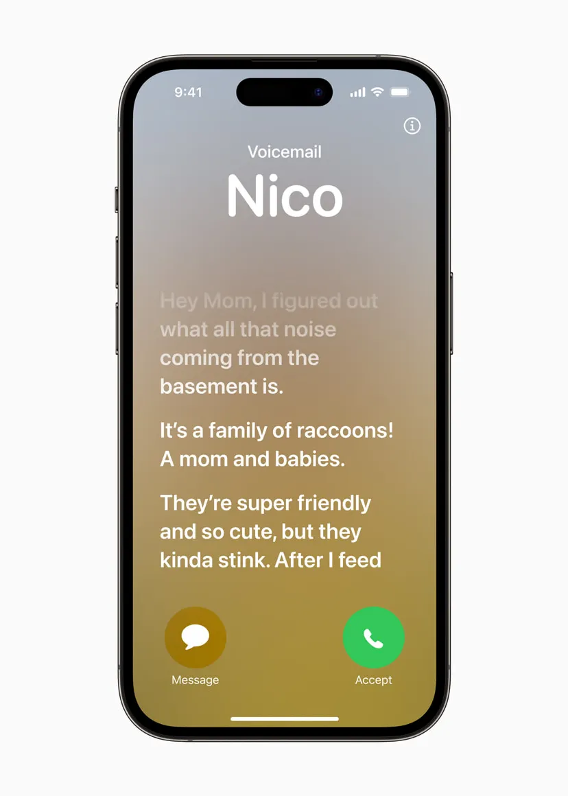 아이폰 iOS17 실시간 음성 메시지는 상대방이 남기는 음성 메시지를 실시간 전사문으로 보면서 발신자가 메시지를 남기는 동안 전화를 받을 수 있는 기회를 사용자에게 제공한다.
