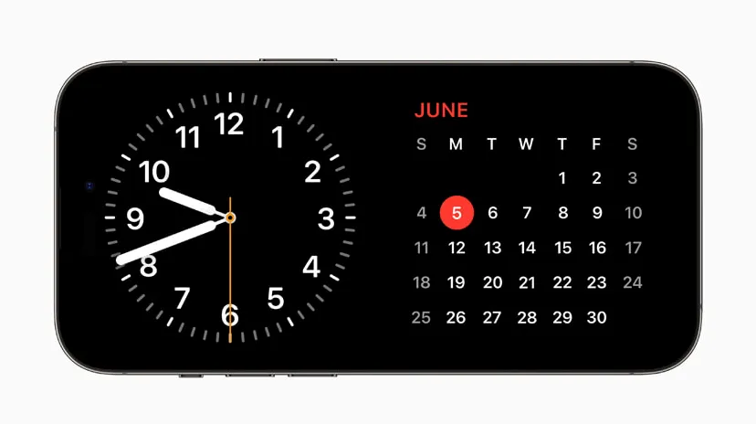 애플 아이폰 ios17 스탠바이 모드. 시계및 달력 아이폰을 가로로 놓고 충전 중일 때에도 가기정 정보를 한눈에 쉽게 볼 수있도록 전체화면 경험을 선사한다.