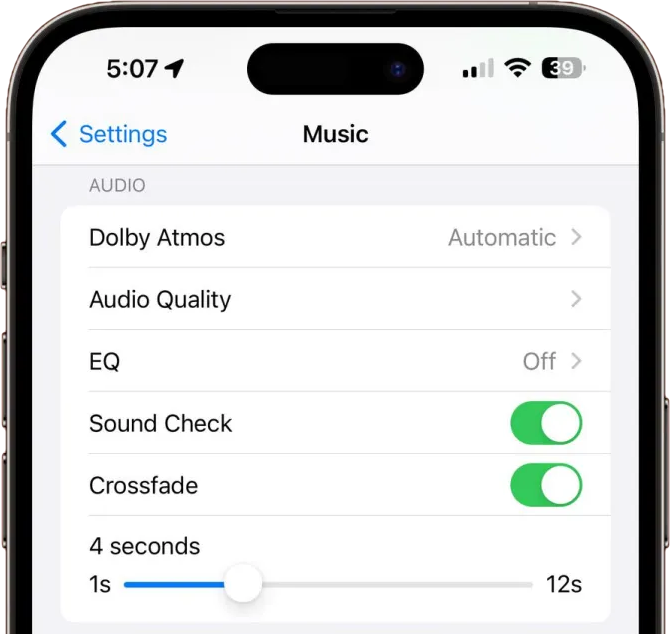apple iphone ios17 music app crossfade settings cutout