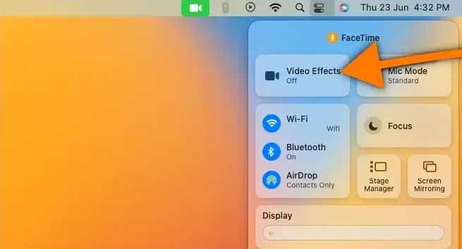 Mac MacBook. Camera Continuity Video Effects Use. Control Center Video Effects Select