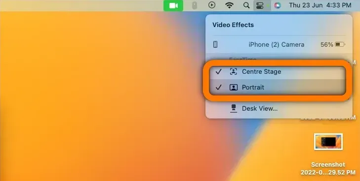 Mac MacBook. Camera Continuity Video Effects Use. Control Center Video Effects Select2